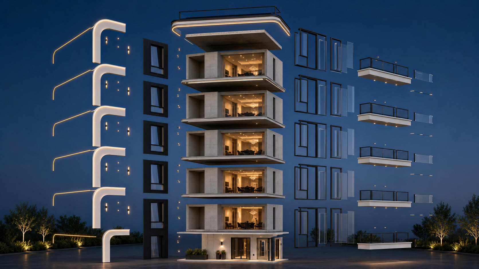 Architectural visualisation showing the structural components of a modern residence