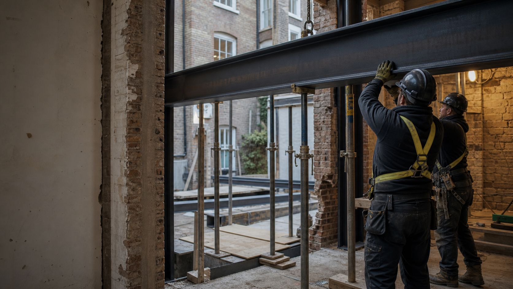 Representative visual of a construction team installing structural steel in a London townhouse renovation